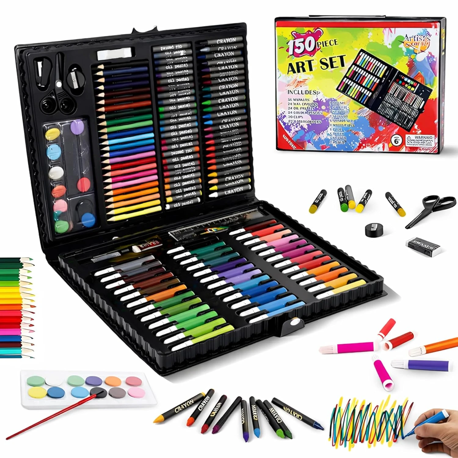 WISHKEY 150-Piece Deluxe Art & Stationery Kit – Comprehensive Professional Color Set in Portable Carrying Case for Kids & Teens